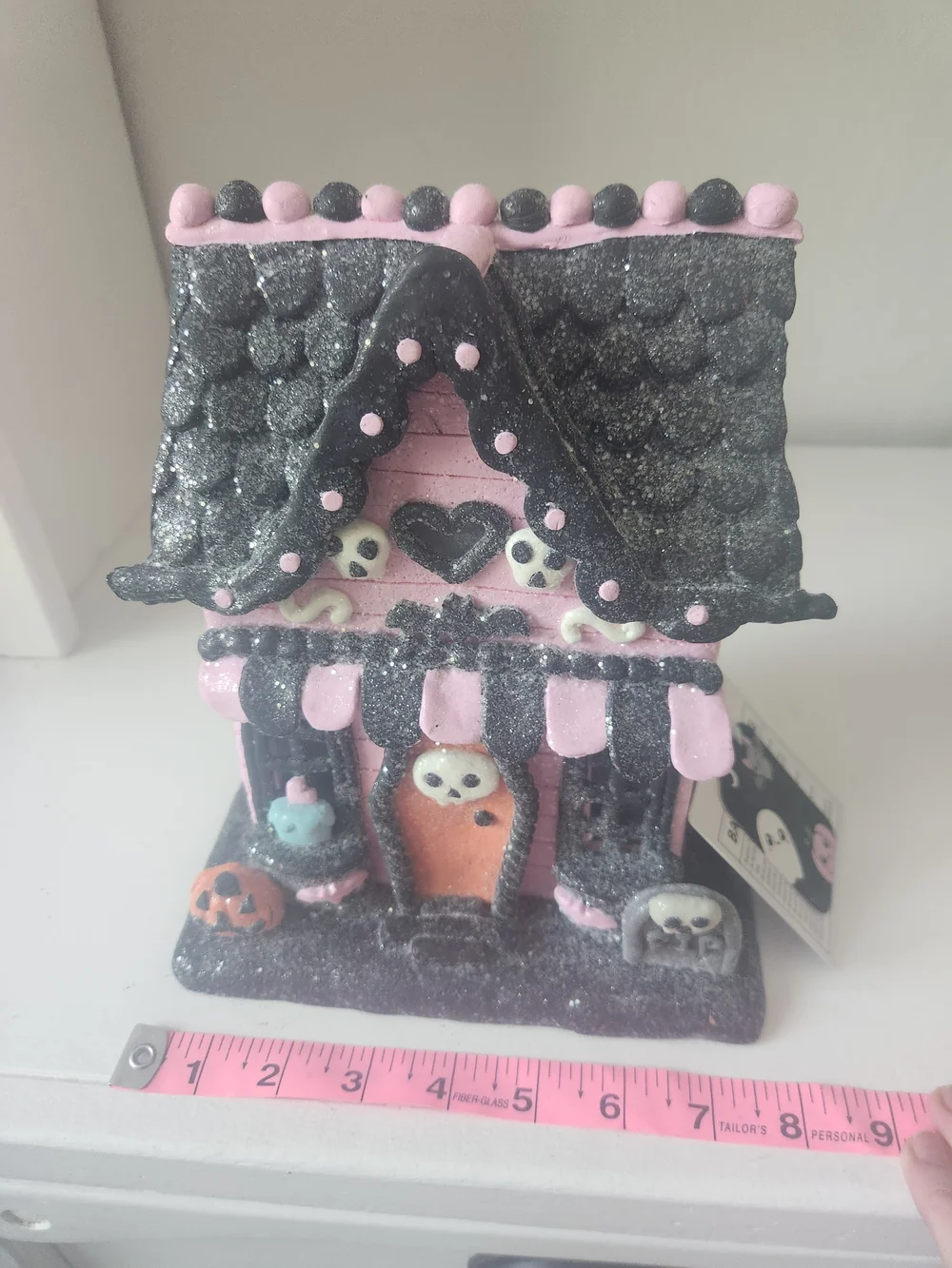 Pink & Black Light Up Halloween Haunted Gingerbread House Figuine